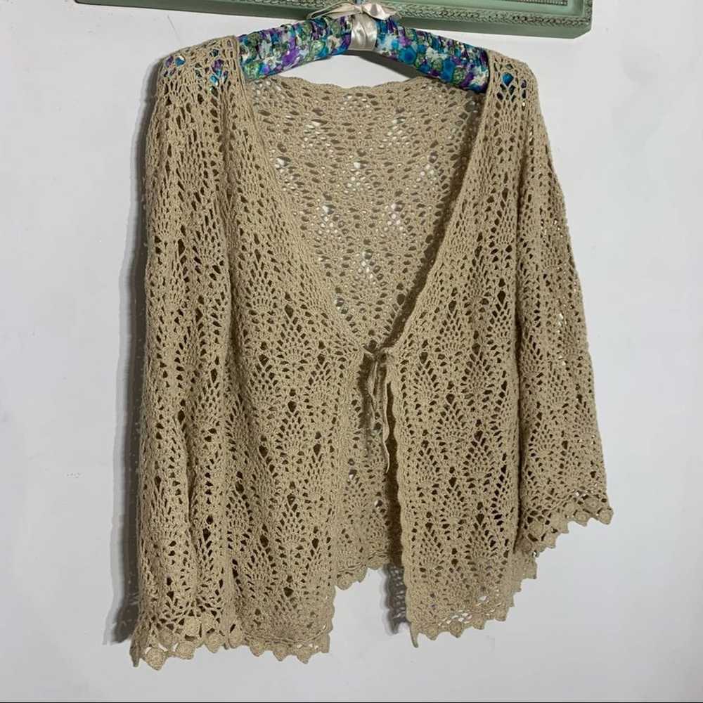 Vintage bohemian crochet knit cardigan light tan … - image 2