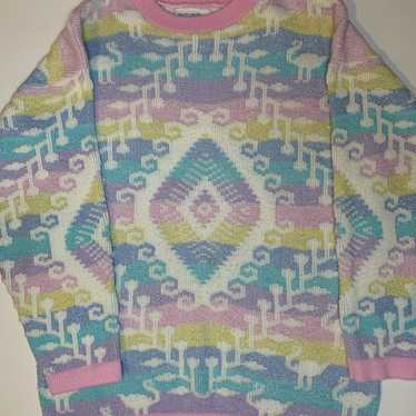 Vintage kawaii pastel rainbow flamingo sweater ro… - image 1