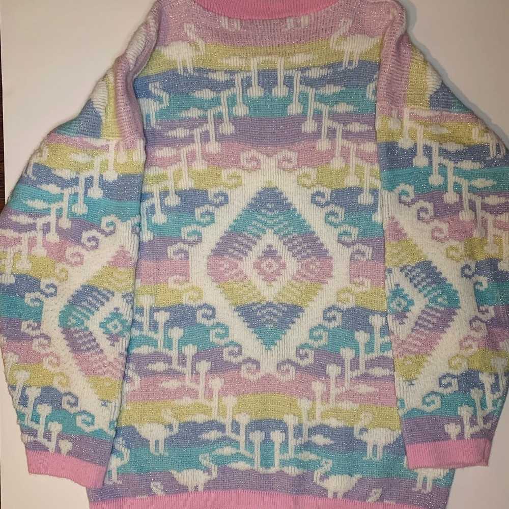 Vintage kawaii pastel rainbow flamingo sweater ro… - image 2