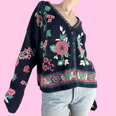 Vintage 90s Navy Blue Pink Floral Rose Embroidered