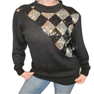 VTG 80s Cowlneck Sweater Black Sequins L - image 1