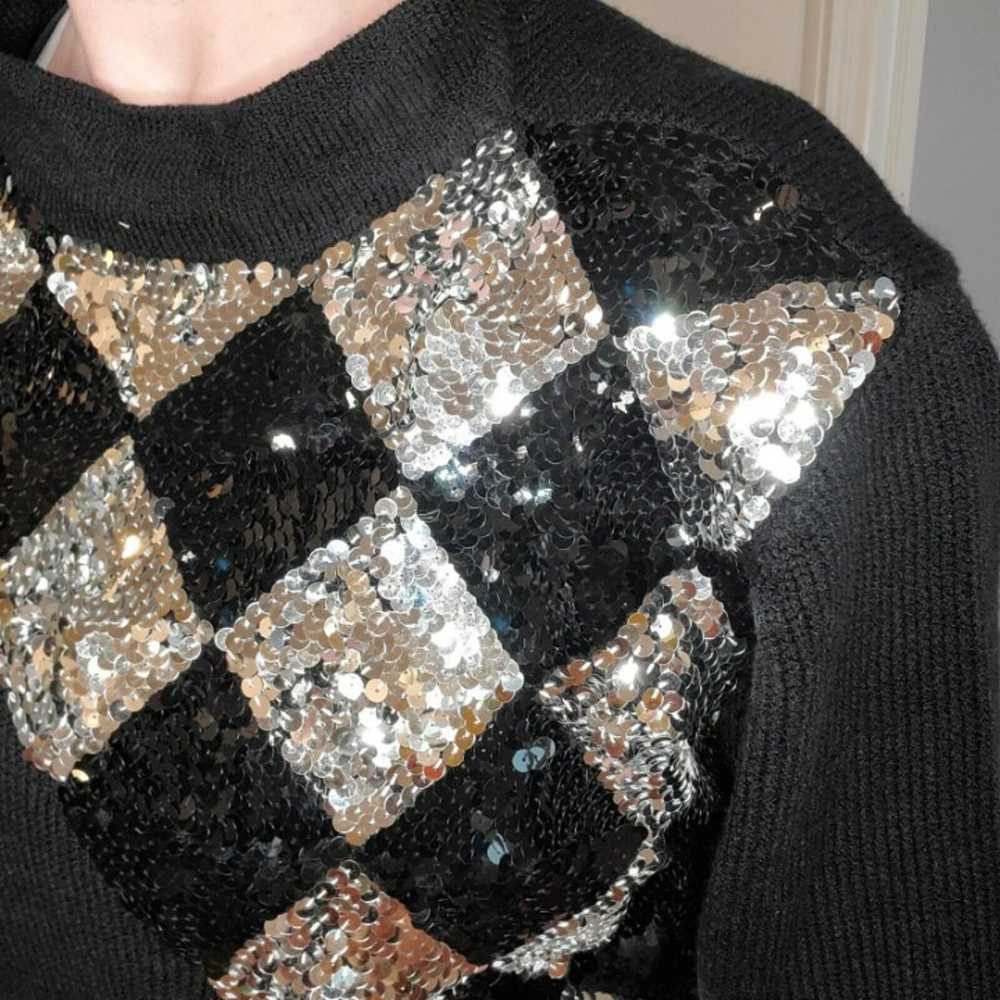 VTG 80s Cowlneck Sweater Black Sequins L - image 2