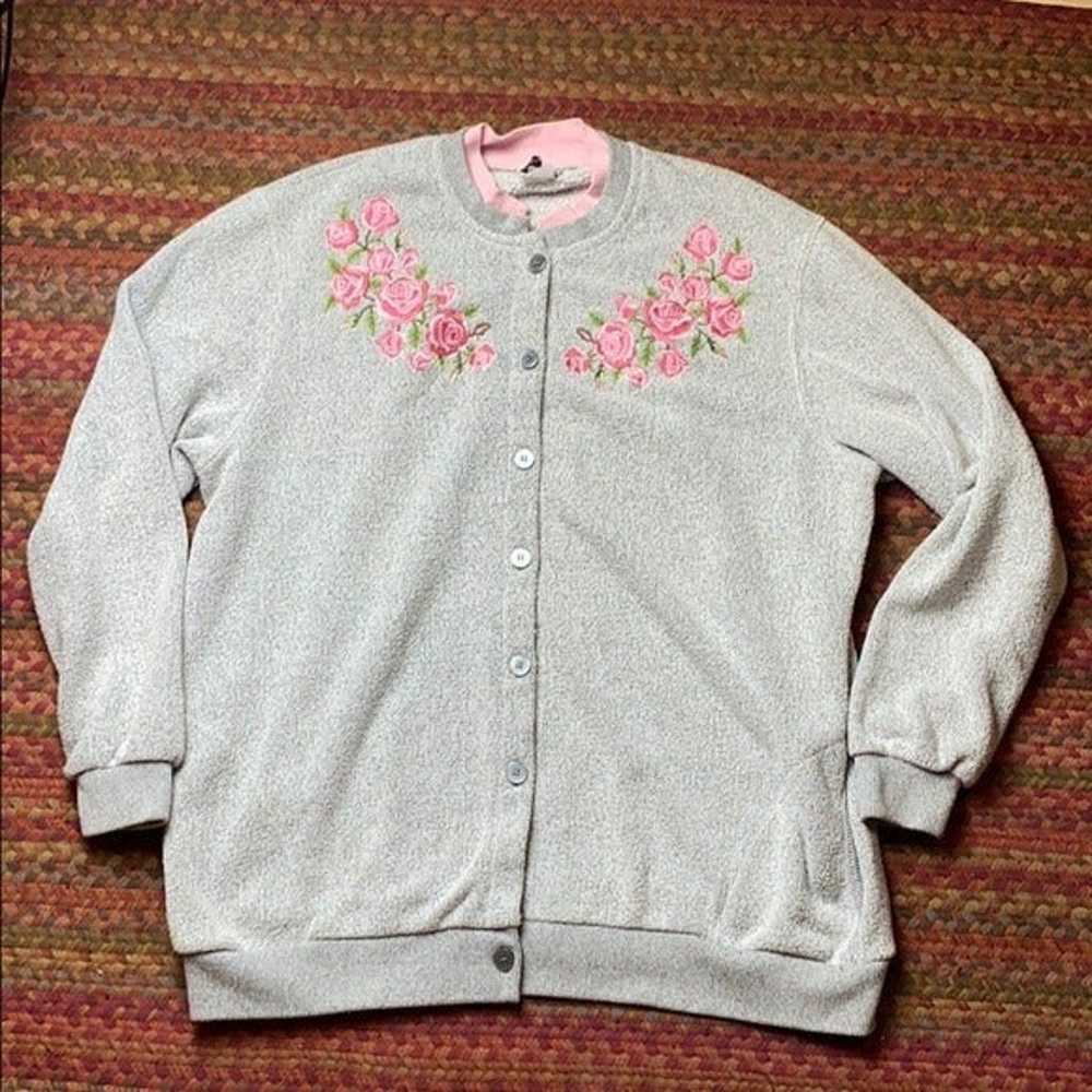 VINTAGE GREY ROSE TERRYCLOTH BUTTON UP  SWEATER - image 1