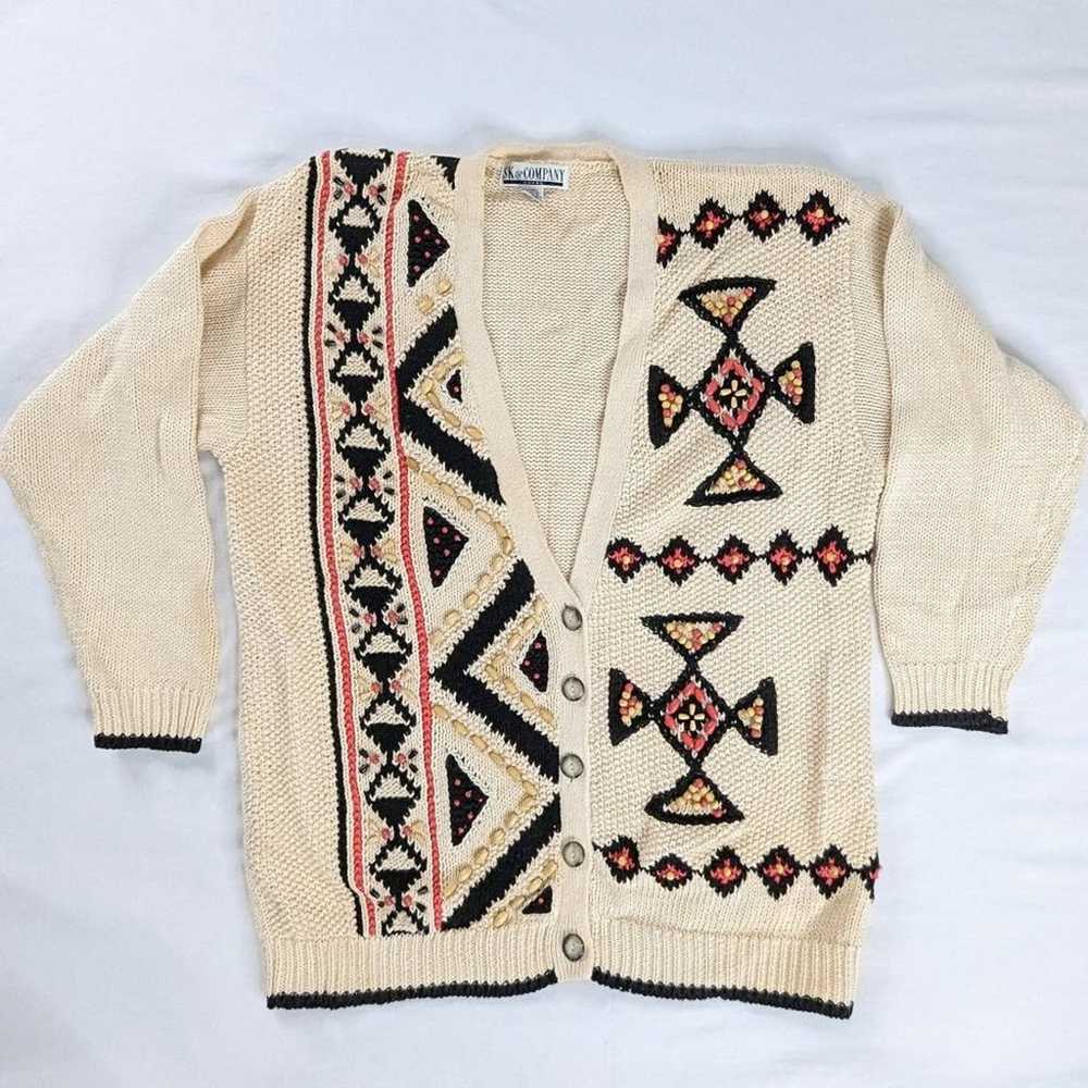 VTG Aztec Cream Chunky Knit Beaded Southwestern C… - image 1