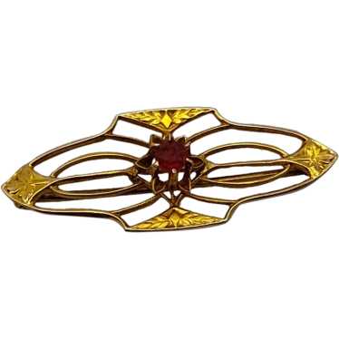 Red stone filigree 10k solid yellow gold bar lapel