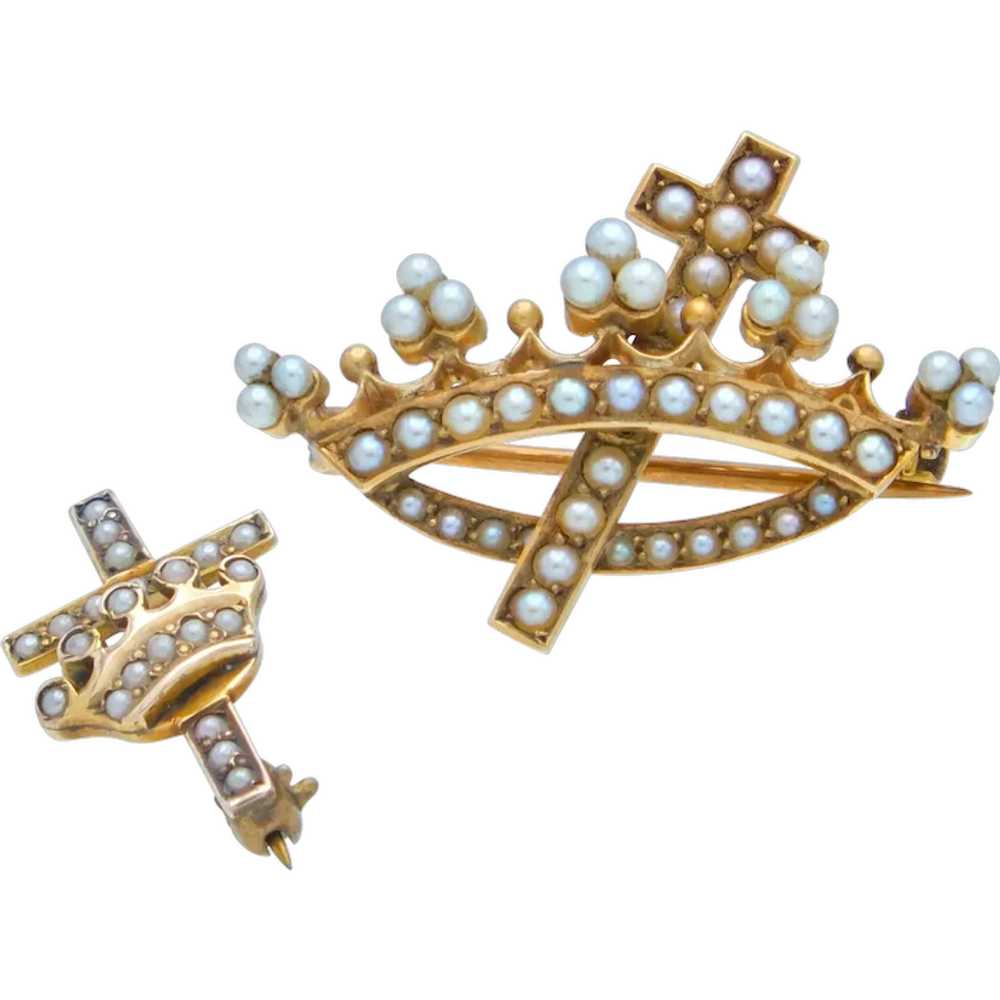 2 Antique 14k Gold Crown and Cross Pearls Brooch - image 1