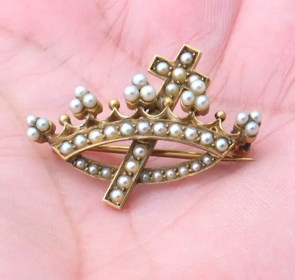 2 Antique 14k Gold Crown and Cross Pearls Brooch - image 2