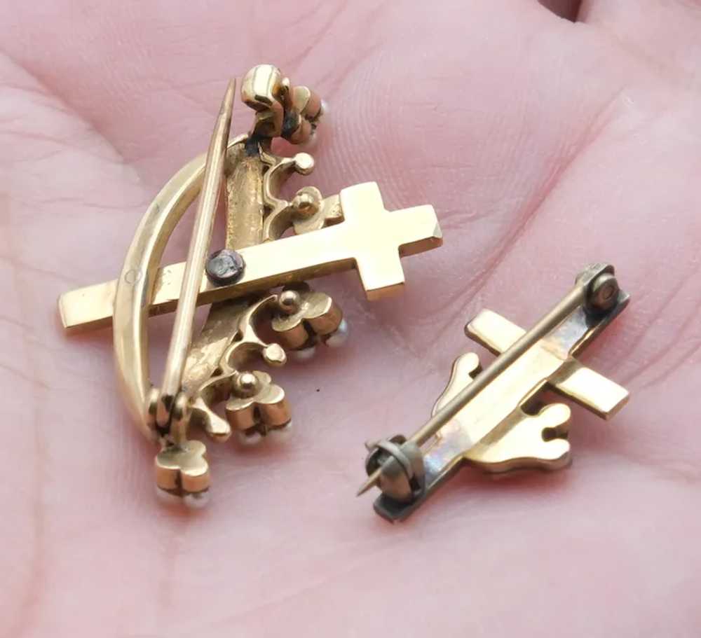 2 Antique 14k Gold Crown and Cross Pearls Brooch - image 4