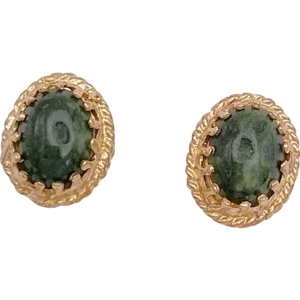 Jade Cabochon Vintage Stud Earrings 14K Gold - image 1