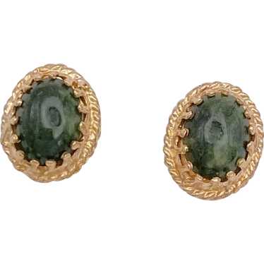 Jade Cabochon Vintage Stud Earrings 14K Gold - image 1