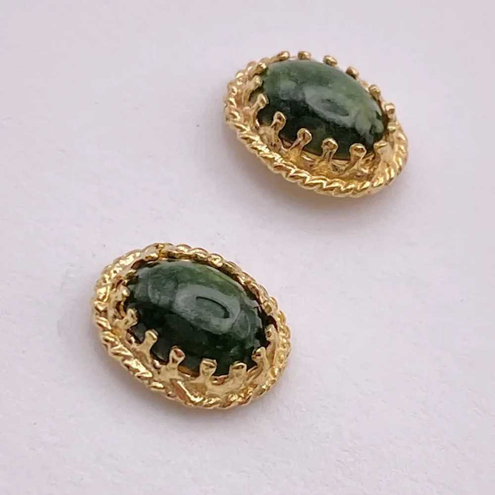 Jade Cabochon Vintage Stud Earrings 14K Gold - image 2