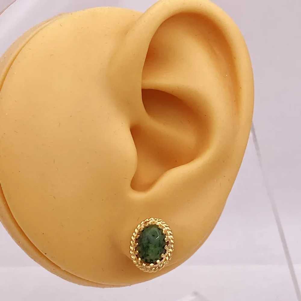 Jade Cabochon Vintage Stud Earrings 14K Gold - image 3