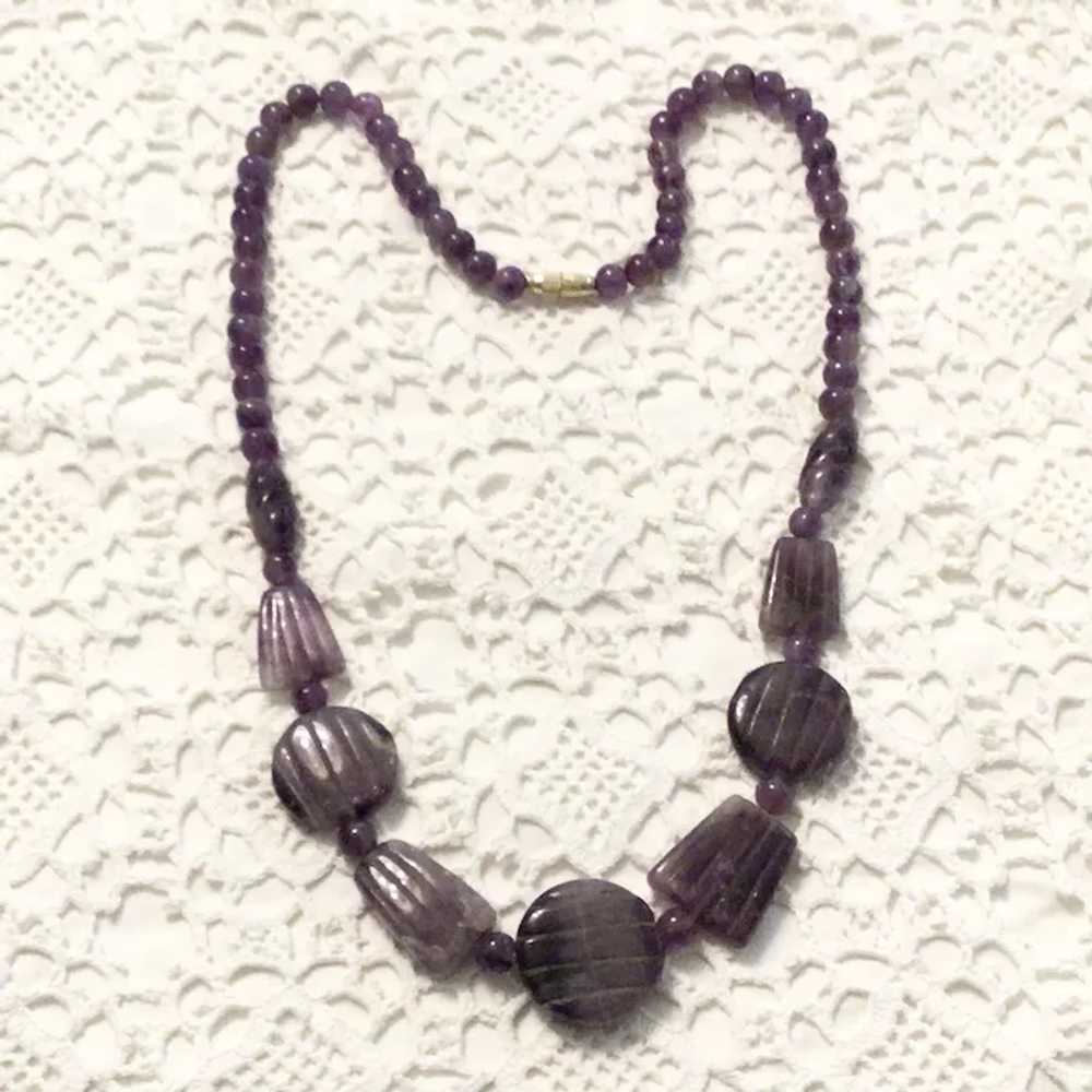 Gold Tone Carved & Plain Amythest Bead Necklace - image 2