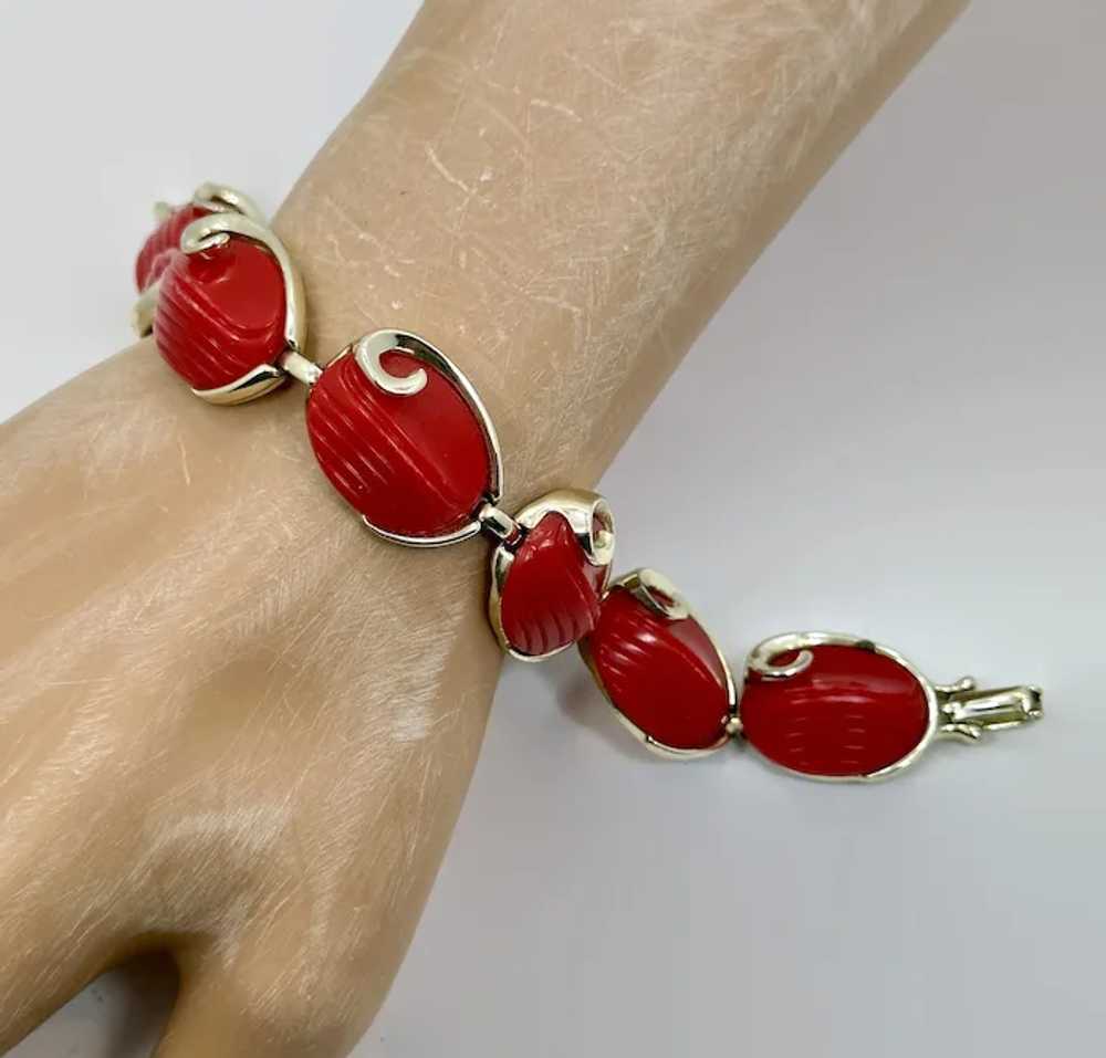 Vintage Bracelet, Red, Thermoset, Gold Tone, 50s,… - image 3