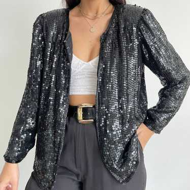 Vintage Stenay 100% silk black sequin jacket size… - image 1