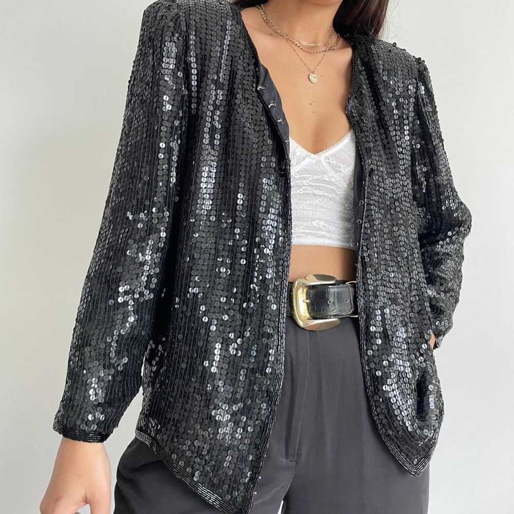 Vintage Stenay 100% silk black sequin jacket size… - image 2