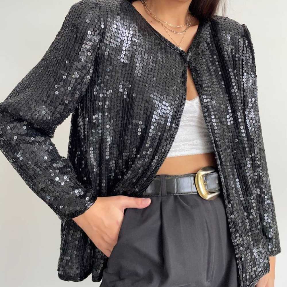 Vintage Stenay 100% silk black sequin jacket size… - image 4