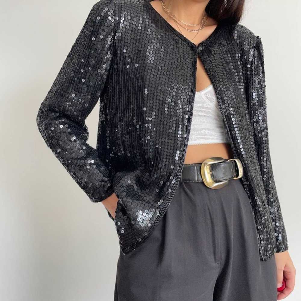 Vintage Stenay 100% silk black sequin jacket size… - image 8