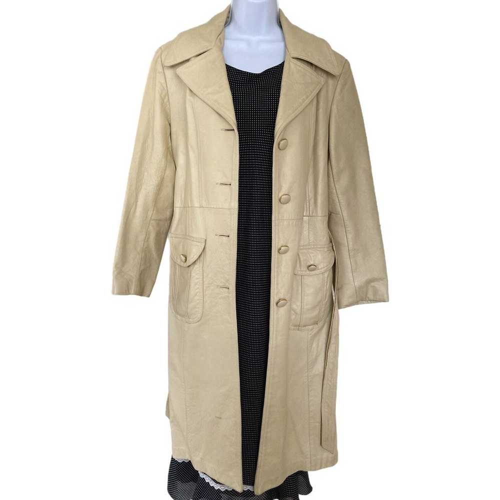 Vintage 70s Light Beige Leather Long Trench Coat … - image 2