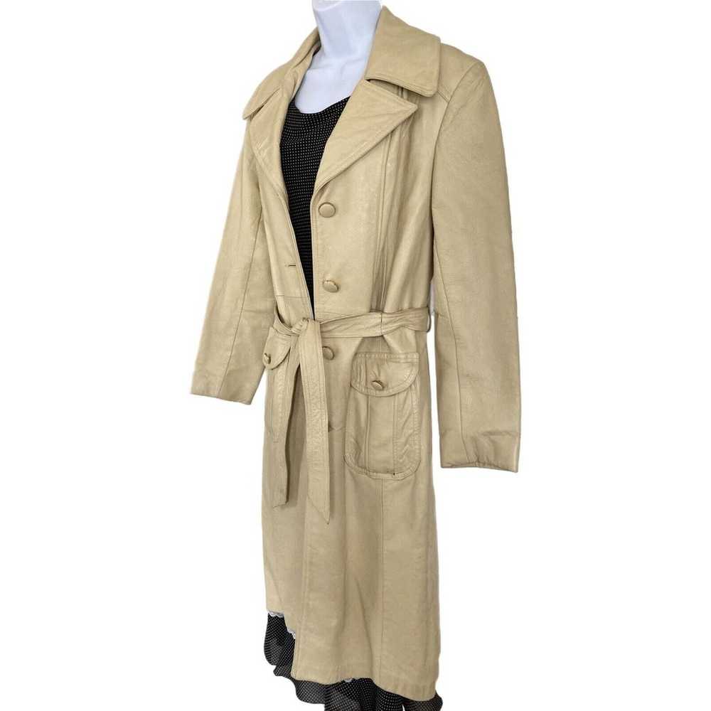 Vintage 70s Light Beige Leather Long Trench Coat … - image 3