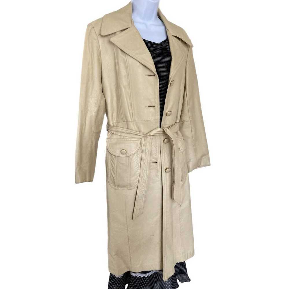 Vintage 70s Light Beige Leather Long Trench Coat … - image 4