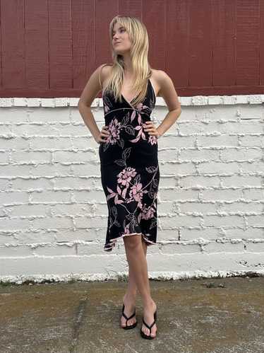 Vintage Y2k Black Floral Halter Dress