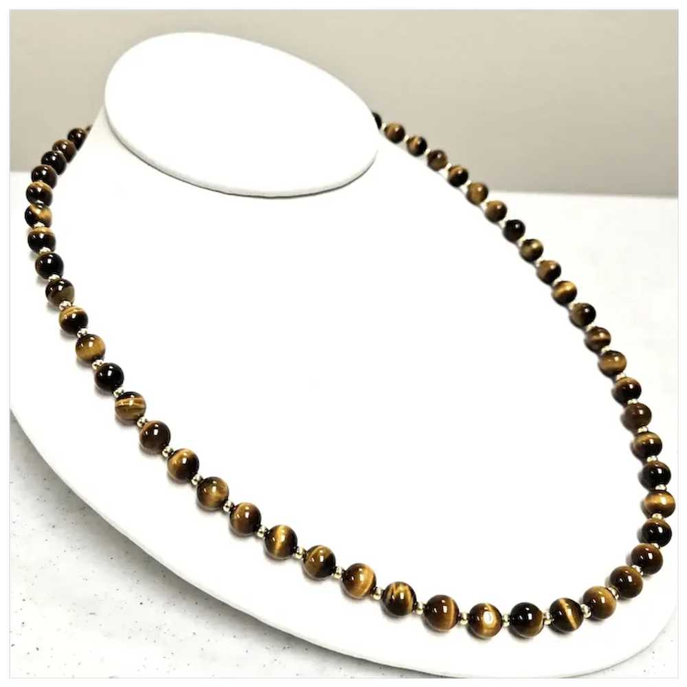 Vintage Tiger's-Eye Bead & 14K Gold Bead Matinee … - image 11