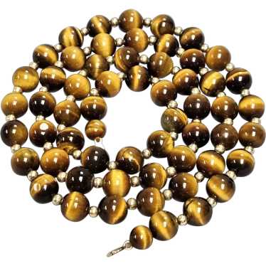 Vintage Tiger's-Eye Bead & 14K Gold Bead Matinee … - image 1