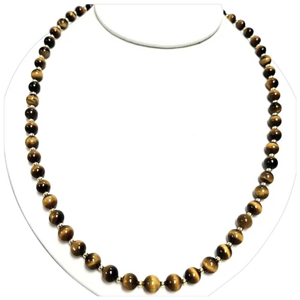 Vintage Tiger's-Eye Bead & 14K Gold Bead Matinee … - image 2