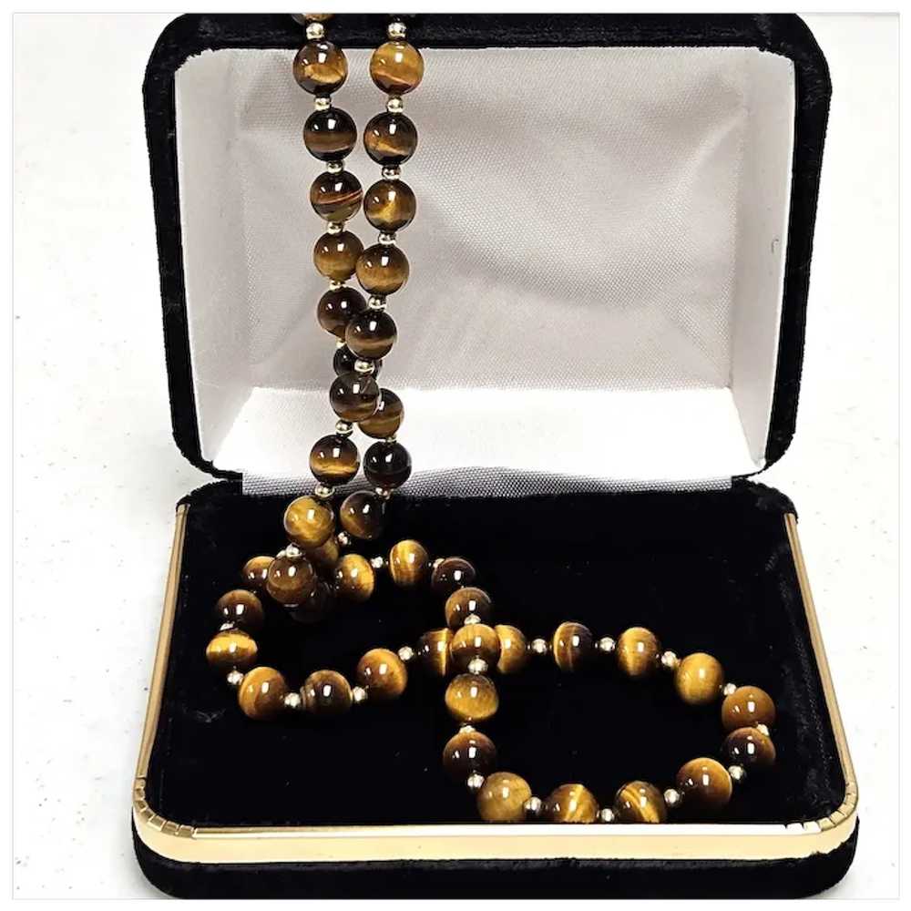 Vintage Tiger's-Eye Bead & 14K Gold Bead Matinee … - image 3