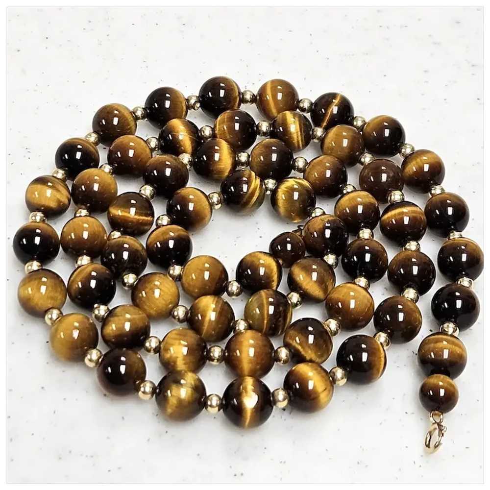 Vintage Tiger's-Eye Bead & 14K Gold Bead Matinee … - image 4