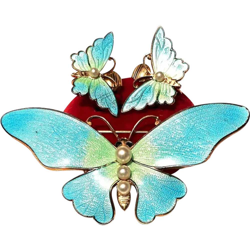 Enamel, Aqua Blue Enamel and Pearl Butterfly Pin … - image 1