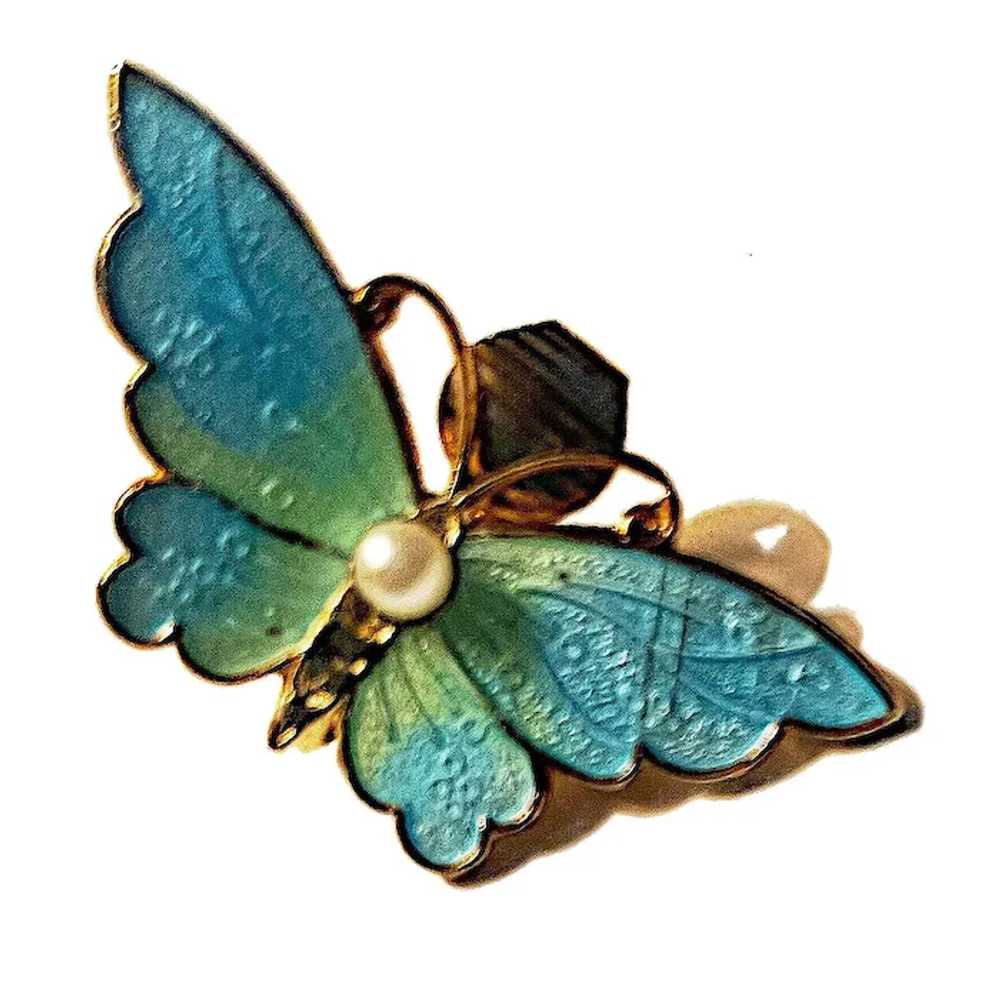 Enamel, Aqua Blue Enamel and Pearl Butterfly Pin … - image 3