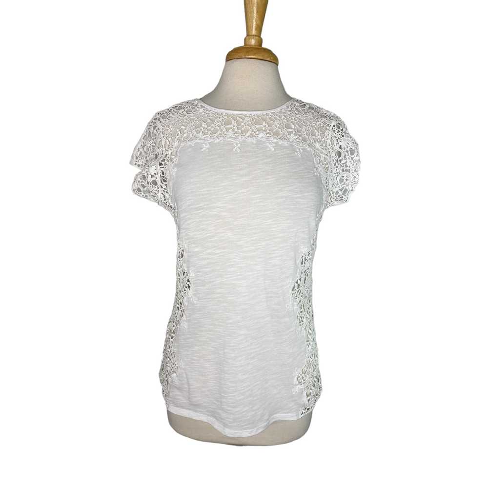 SUNDANCE White Open Crochet Lace Trim Short Sleev… - image 1