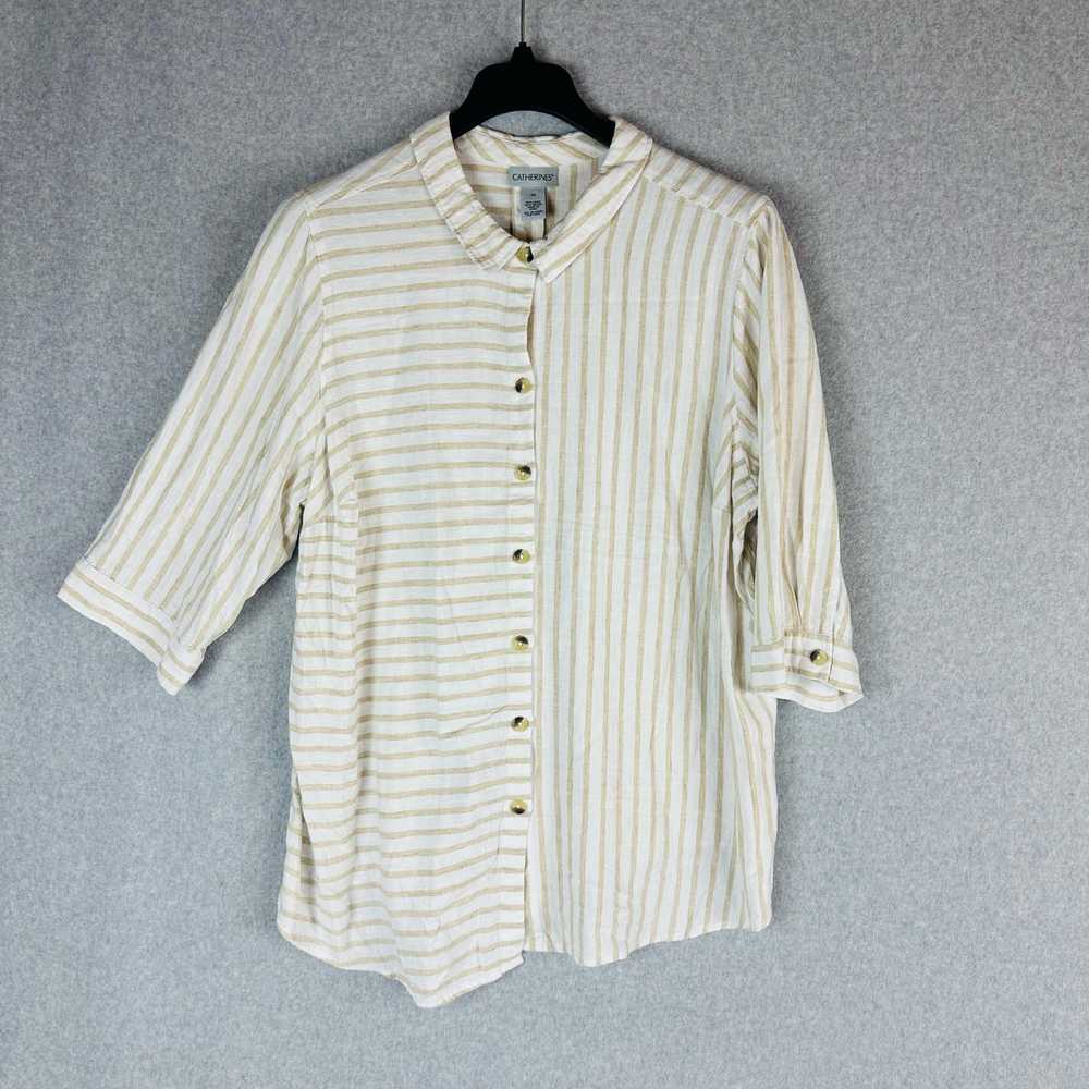 Catherines Womans 2X Blouse Striped Tan White Lin… - image 2