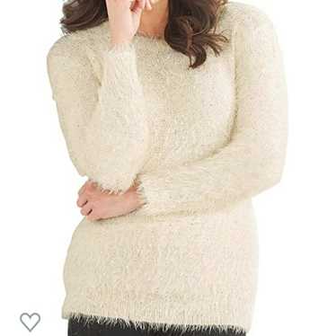 Red - Ivory Sparkle Eyelash Knit Sweater Crew neck