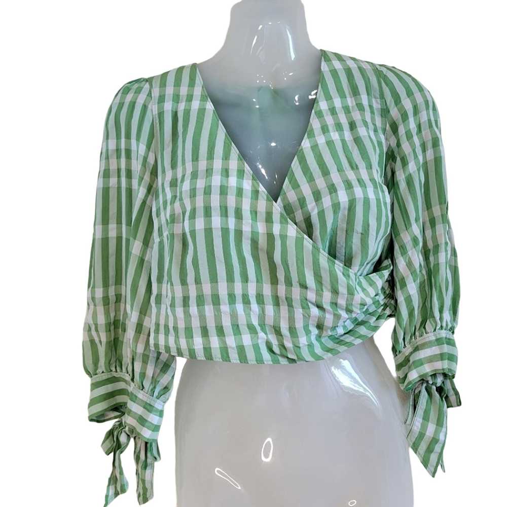 Cinq a Sept Flora Top Green Plaid Gingham Wrap Bl… - image 2