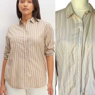 Everlane Silky Cotton Relaxed Tan Striped Button … - image 1