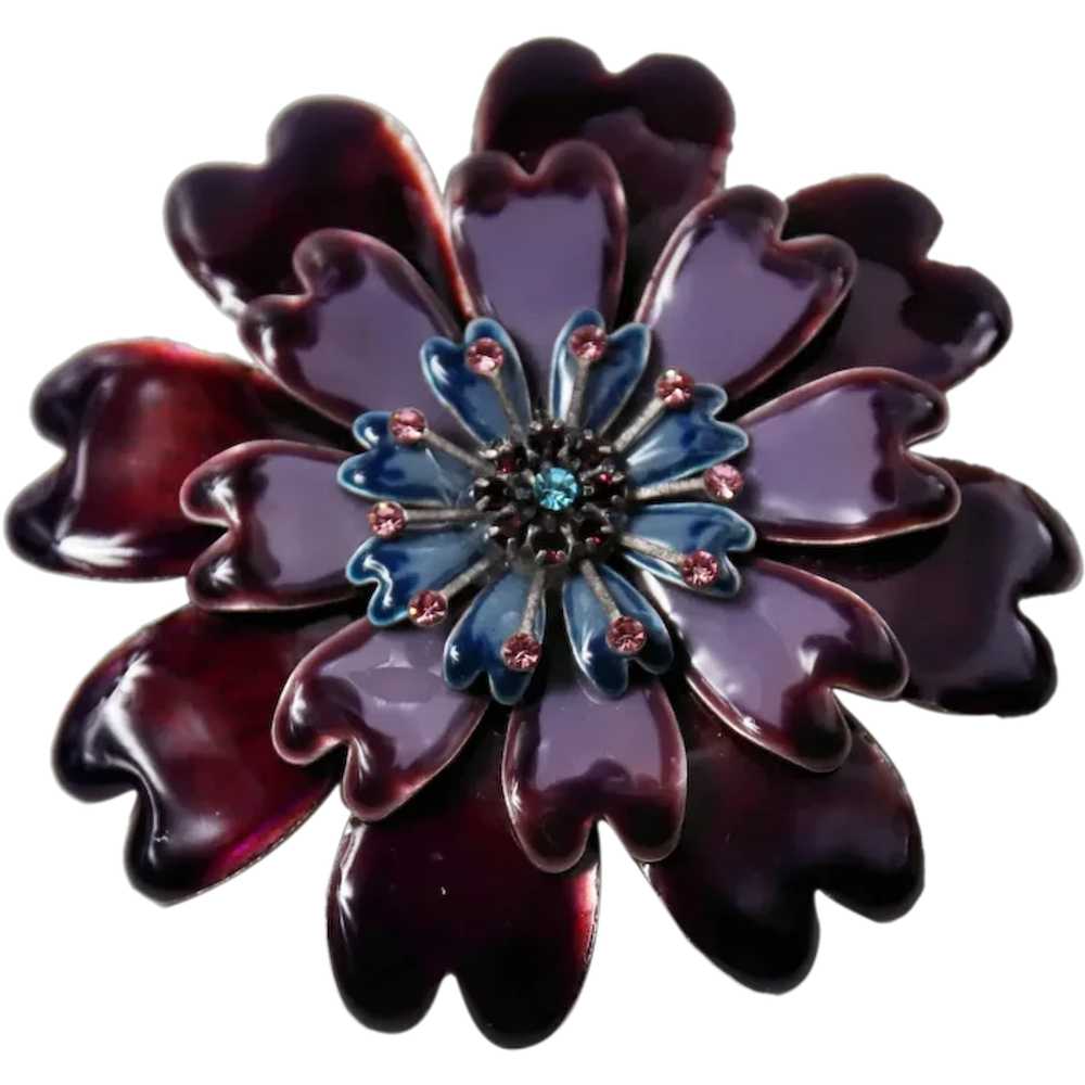 Exquisite 1950s -1960s Plum Enamel Flower Brooch … - image 1