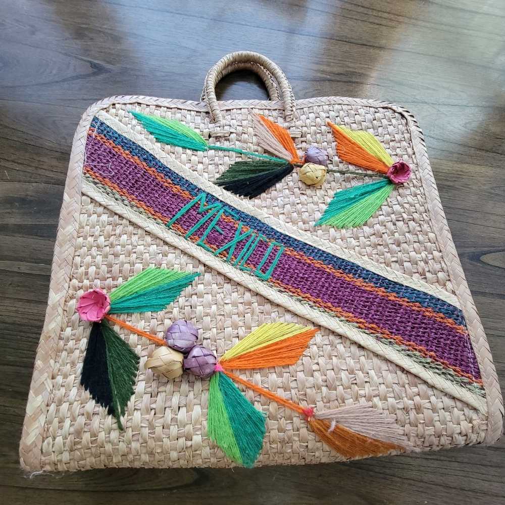 Vintage palm leaf bag tote Mexico - image 7