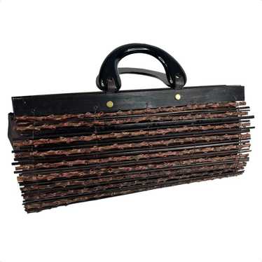 VTG 00s Wood CLUTCH BAG Wooden Woven Bamboo Satch… - image 1