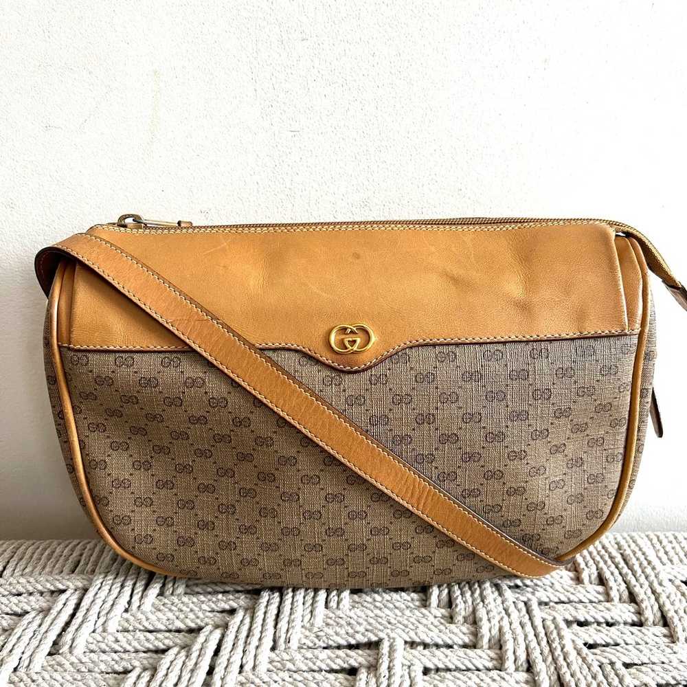 GUCCI Vintage GG Plus Tan Leather Crossbody Bag - image 1