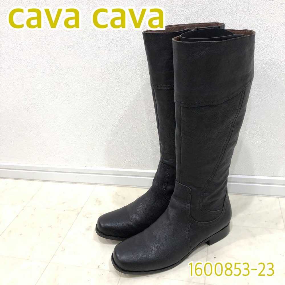 cava cava Punching Design Low Heel Long Boots Bla… - image 1