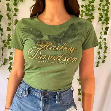 Harley Davidson green and gold t shirt