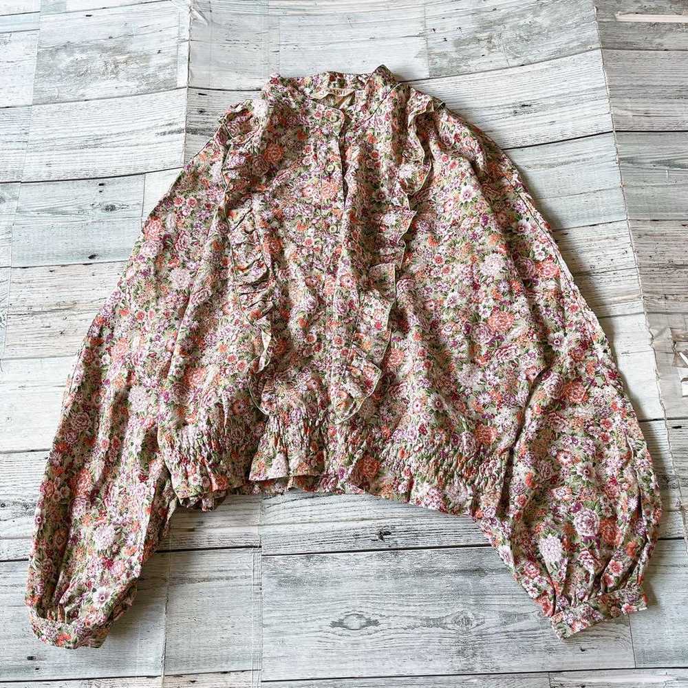 Showa retro colorful floral long-sleeve blouse wi… - image 2