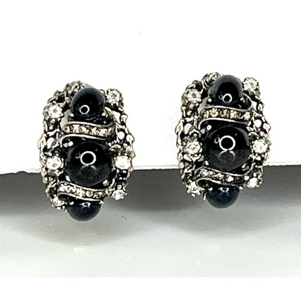 VTG Signed ART Black Cabochon & Rhinestone CLIP O… - image 7