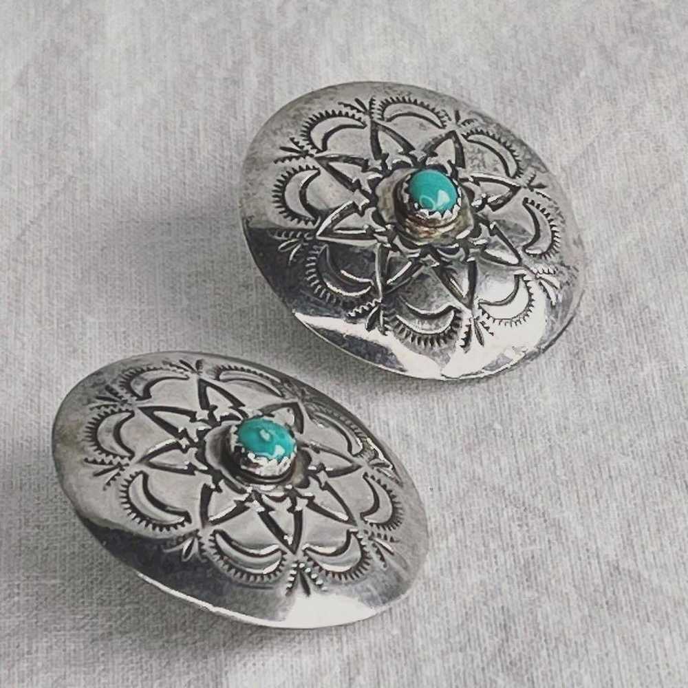 Vintage Handmade Navajo Concho Turquoise Earrings… - image 3