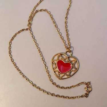 Vintage Red Enamel Heart Pendant Necklace - image 1