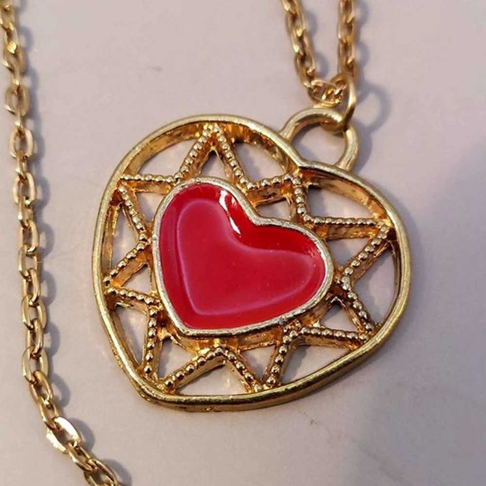 Vintage Red Enamel Heart Pendant Necklace - image 2