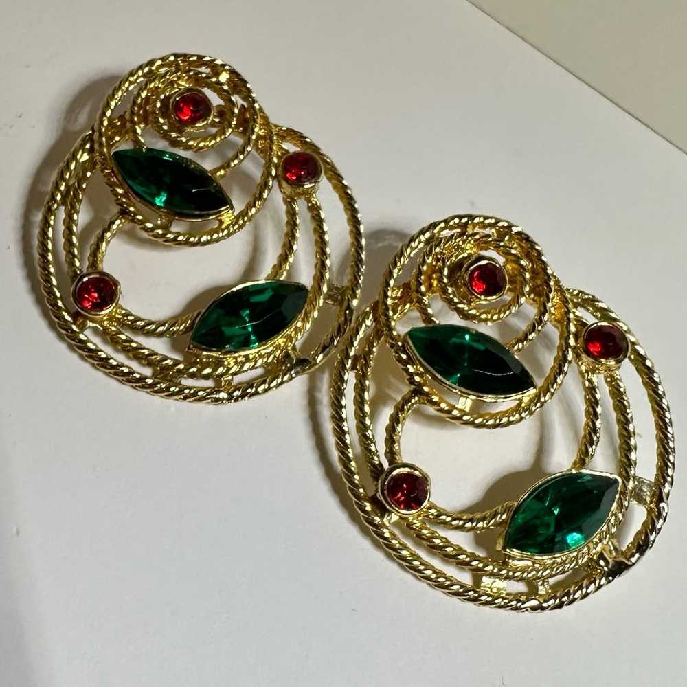 Large Gold Tone Multiple Circles Red & Green Rhin… - image 1